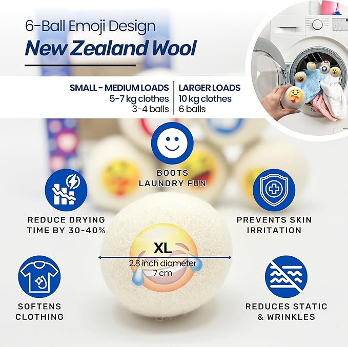 Dryer Ball Kit: 6 XL Wool Dryer Balls - Natural Fabric Softener, Reusable, Reduces Clothing Wrinkles and Saves Drying Time - Reduces Wrinkles and Saves Drying Time (6pcs Wool Dryer Ball) (Emoji)