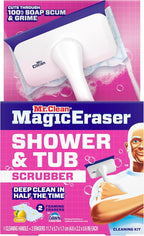 Mr. Clean Magic Eraser Shower & Tub Scrubber, Bathroom Cleaner, All in One Bathroom Cleaner, Lemon Starter Kit, 2 Scrubber, 5 Foaming Magic Erasers, 1 Whole Home Extra Durable Magic Eraser