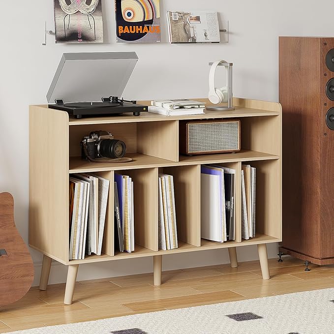ChooChoo Record Player Stand, Turntable Stand with Vinyl Storage, Record Player Cabinet Up to 350 Albums, Cube Storage Organizer for Living Room, Natural