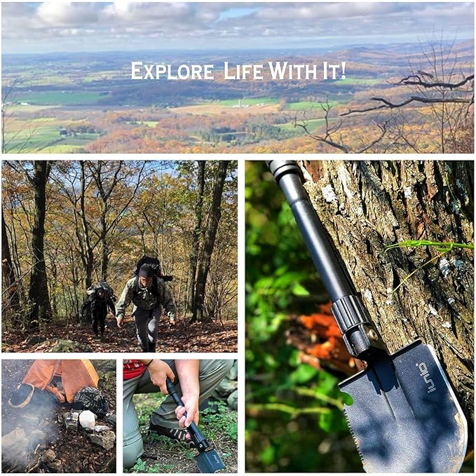 iunio Camping Shovel,Shovel Folding, Portable, Multitool, Foldable Entrenching Tool, Collapsible Spade, for Backpacking, Trenching, Hiking, Survival, Car Emergency