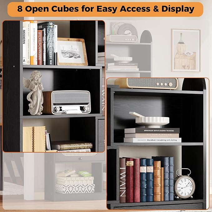 IRONCK 6 Tier Bookshelf and Bookcase with 2 Rattan Design Flip-top Storage Cabinets, 8 Cube Bookcases Display Storage Shelves Organizer for Living Room, 43.3" Black