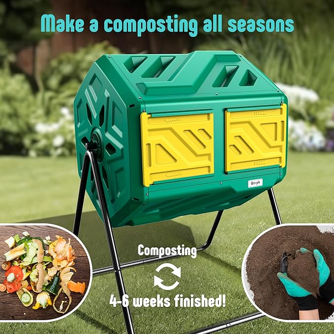 Compost Bin, Outdoor Composter, Fast Assembly 43 Gallon Dual Chamber Outdoor Compost Tumbler, Heavy Duty Tumbling Rotating Composter for Patio, Garden,Yard, Green, Easy Setup, Gloves Included