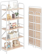 4NM No Assembly Folding Bookshelf 5 Tiers Vintage Industrial White Book Shelf Metal Foldable Storage Bookcase and Bookshelves for Living Room,Bedroom and Kitchen - Natural