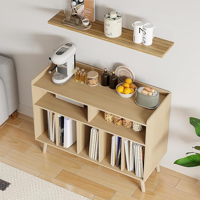 ChooChoo Record Player Stand, Turntable Stand with Vinyl Storage, Record Player Cabinet Up to 350 Albums, Cube Storage Organizer for Living Room, Natural