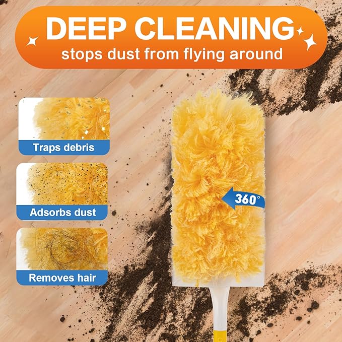 Heavy Duty Duster Refills, Disposable Dusters Kit for Cleaning Dusting Furniture Blind Ceiling Fan, Multi Surface 360 Feather Duster(60)+3FT Extended Handle +1 Handle