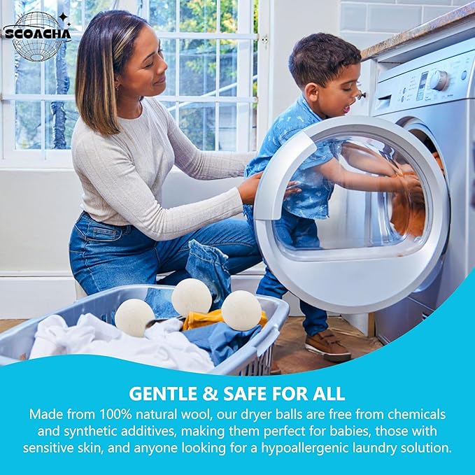 Wool Dryer Balls - XL Pack of 6 - Made from 100% New Zealand Wool - Natural Fabric Softener - Reusable, Eco-Friendly - Reduces Drying Time, Wrinkles, and Pet Hair.