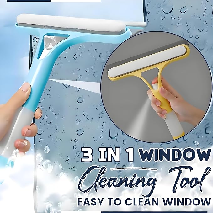 3 in 1 Window Cleaning Scraper, Window Squeegee with Spray 3 in 1 Glass Cleaner Squeegee and Scrubber with Spray for Car Home Kitchen （Blue）