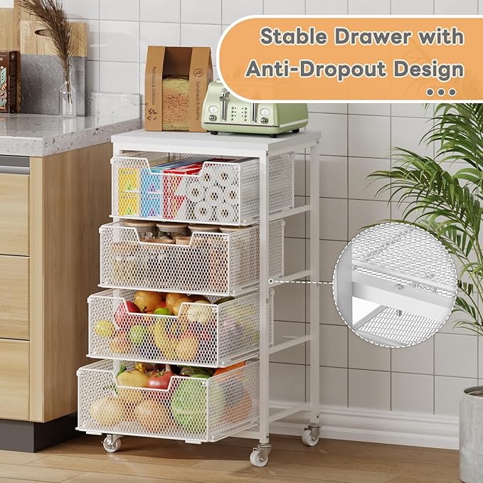 4-Tier Kitchen Storage Cart - Fruit Vegetable Storage Cart with Drawers, Wooden Top Metal Wire Kitchen Organizer and Storage Cart with Wheels to Storage Onions Potatoes Cans Snacks for Kitchen