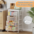 4-Tier Kitchen Storage Cart - Fruit Vegetable Storage Cart with Drawers, Wooden Top Metal Wire Kitchen Organizer and Storage Cart with Wheels to Storage Onions Potatoes Cans Snacks for Kitchen