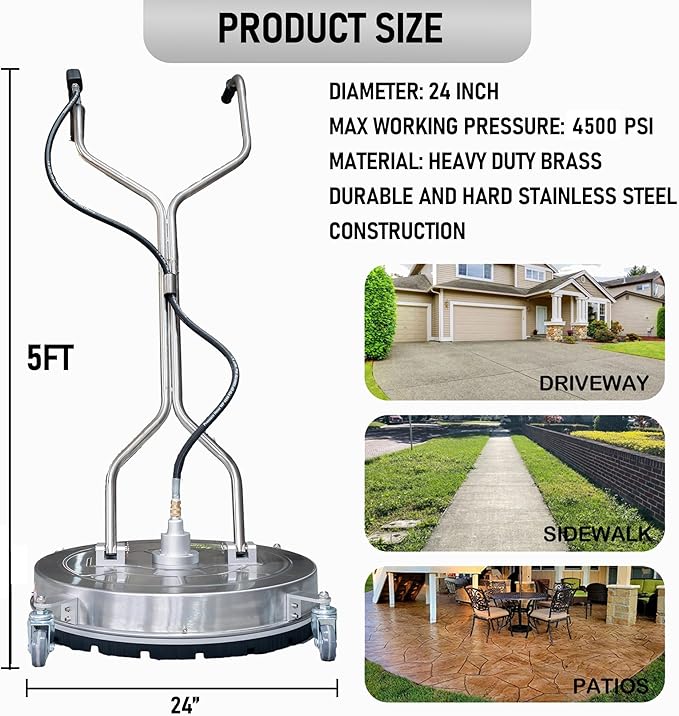 Hourleey 24" Pressure Washer Surface Cleaner with Dual Handles, Stainless Steel Surface Cleaner with 4 Wheels for Driveways, Pathway, Sidewalks, Patios, Decks, 4500 PSI with 3/8" Quick Connector Kit