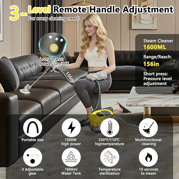3 Level Adjustable Pressurized Handheld Steam Cleaner for Home, 10s Heat-Up Handheld Steamer for Cleaning, 1.6 Qt Tank Portable Steam Cleaner Handheld for Car,Grout,Tile,Couch,Floor
