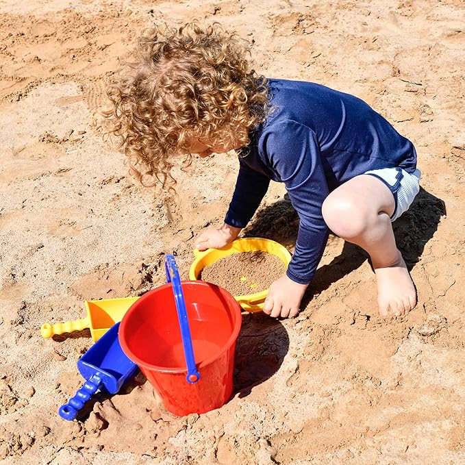 Spielstabil Sand Toys Bundle - Large Pail, Sieve and 2 Scoops (Colors Vary - Made in Germany)