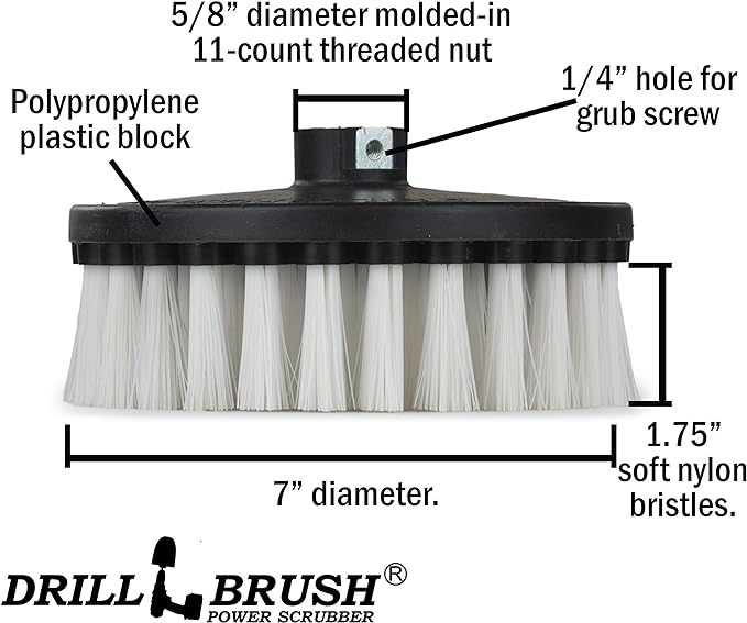 Carpet Cleaner Scrub Brush for Polisher - 7 Inch Soft White Drillbrush with 5/8 x 11 Threaded Hub for Rotary Polisher Machine - Large Car Buffer Brush - Large Carpet Scrubber - Drill Adapter Included
