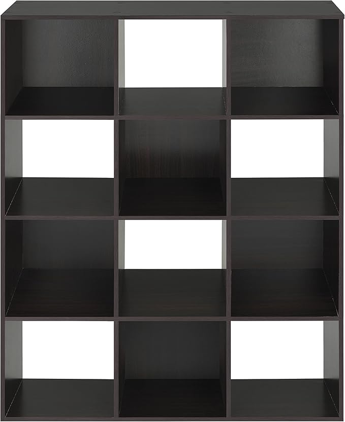Whitmor 12 Cube Storage Organizer, 4 Tier Stackable Mdf Wood Bookcase, Open Storage Display Bookshelf, Storage Cabinet for Living Room, Bedroom, Home, Office, 35.1"L x 11.7"W x 47.5"H, Black