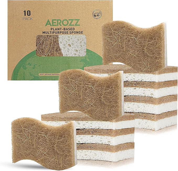 10 Pack Biodegradable Natural Sponges Kitchen - Compostable Cellulose and Coconut Walnut Scrubber Sponge - Non Scratch Eco Friendly Quick Drying Sponges for Dishes