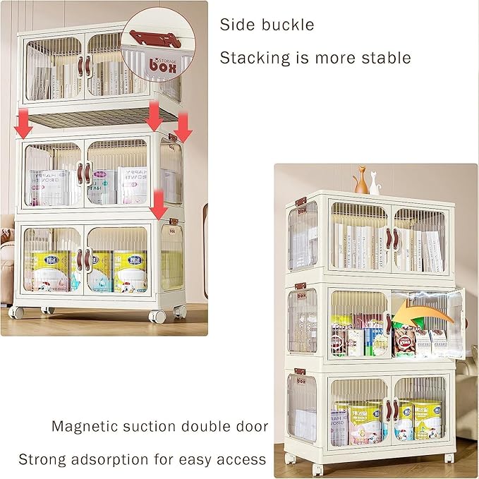 Multi-Purpose Stackable Plastic Storage Bins with Wheels & Lids - Space-Saving Foldable & Collapsible Organizers for Home, Pantry, Office, Dorm, Craft Room & Closet (3 Layers)