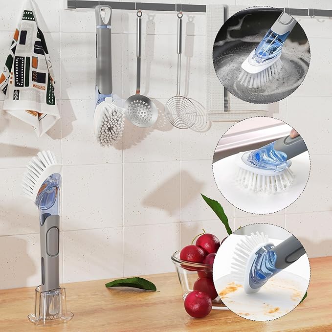 Soap Dispensing Replacement Dish Brush Storage Set with 2 PCS Brush Refills & Holder - RIMAY Dispenser Scrub Cleaning Scrubber Kitchen Dishwashing Dish Wand Handle for Dishes/Pans/Pots/Sink(Grey)