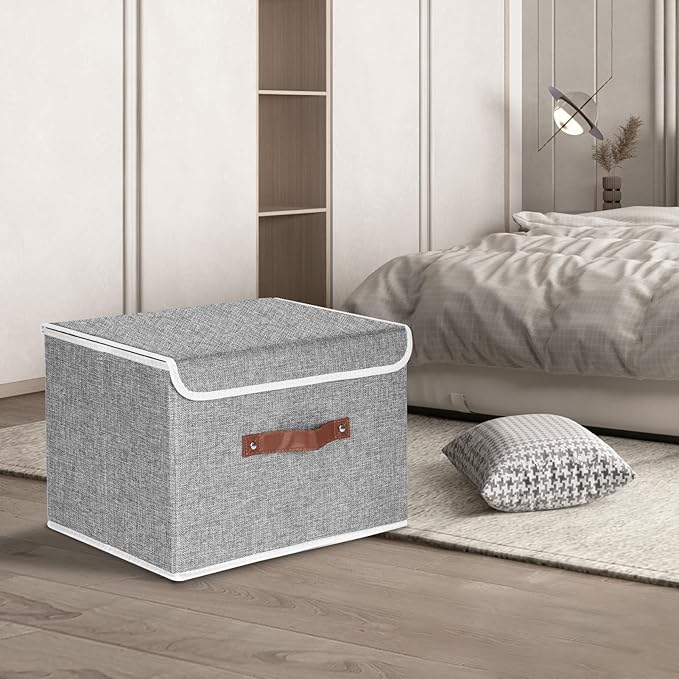 TYEERS Foldable Storage Boxes with Lids 5 Pack Fabric Storage Bins with Lids, Closet Organizers for Clothes Storage, Room Organization, Office Storage, Toys - Gray