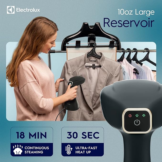 Electrolux Steamer for Clothes, 1500 Watt Portable Handheld Fabric and Garment Steamer with Lint Remover & Fabric Brush, Ultra-Fast Heat Up, 18 Min Continuous Steam for Powerful Wrinkle Remover, Black