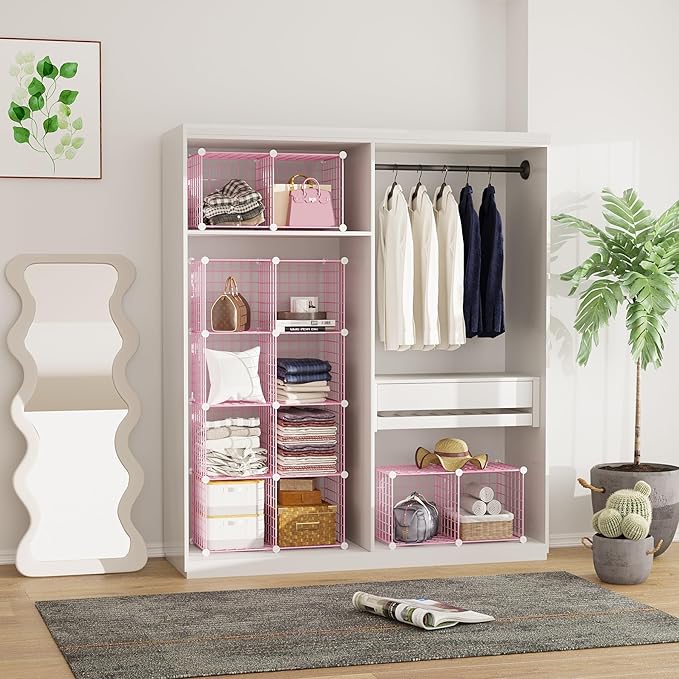 C&AHOME Wire Cube Storage, 12 - Cube Organizer Metal C Grids, Modular Shelves Units, Closet Organizer, Ideal for Home, Office, Living Room, 36.6”L x 12.4”W 48.4”H, Pink UWCS3012P