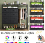 Black Dresser for Bedroom with 8 Drawers and Hanging Rack, 47 Inch Closet Dressers with LED Lights, Shelves & Charging Station, Clothes Storage Organizer
