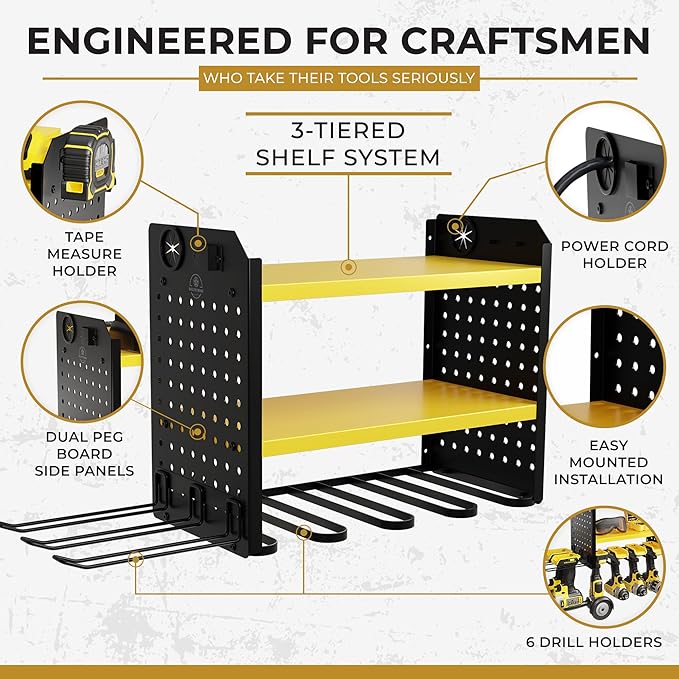 Power Tool Organizer - 6 Drill Holder Wall Mount, 3 Tier Heavy-Duty Hand Storage Rack, Utility Racks, 2 Pegboard Sides - Garage Cordless Organizer (Yellow)