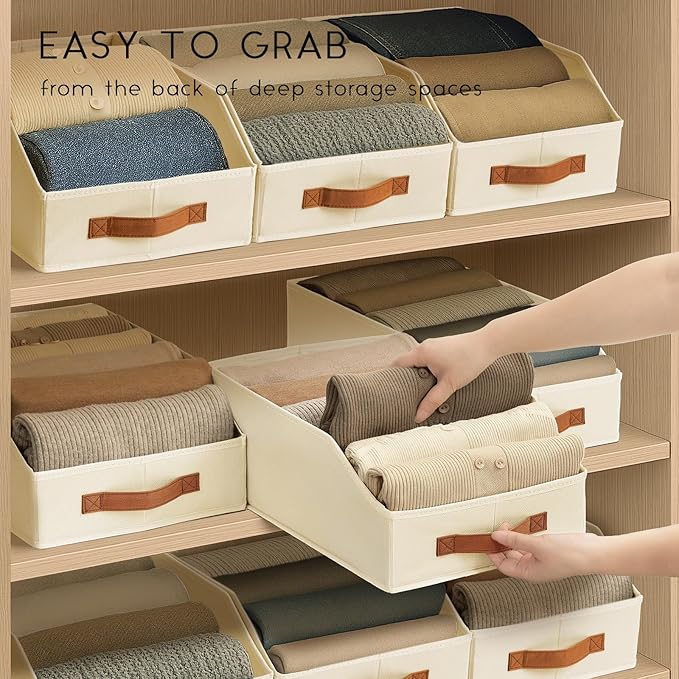 Fabric Storage Bins for Organizing - 4 Pack Large Trapezoid Collapsible Storage Bins with Front Handle, Closet Organizers and Storage for Bedroom, Home Shelves, Small Spaces, Beige
