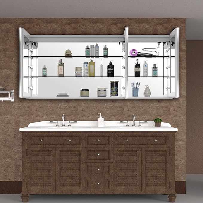 Gray Medicine Cabinets for Bathroom with Mirror, LED Medicine Cabinets Mirror with Defogger, Bathroom Medicine Cabinet with Dimmer, Outlets & USB, 60”W x 36”H, Surface Mounted