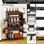 All-Metal Heavy-Duty Power Tool Organizer with Charging Station 8 AC Power Outlet Charging Station Tool Organizer 5 Layers + 5 Side Hooks Integrated Design Tool Organizers and Storage Practical