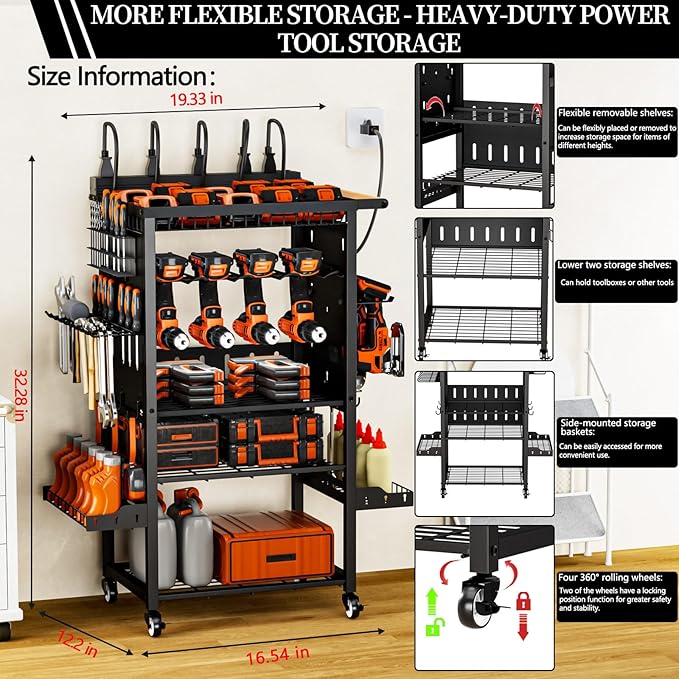 All-Metal Heavy-Duty Power Tool Organizer with Charging Station 8 AC Power Outlet Charging Station Tool Organizer 5 Layers + 5 Side Hooks Integrated Design Tool Organizers and Storage Practical