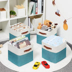 HNZIGE Fabric Storage Cube Bins Baskets for Organizing, 11 inch Cube Storage Baskets, Set of 4, Collapsible Storage Baskets with Handles, Closet Organizers Storage Home Toy Nursery room(White Teal)