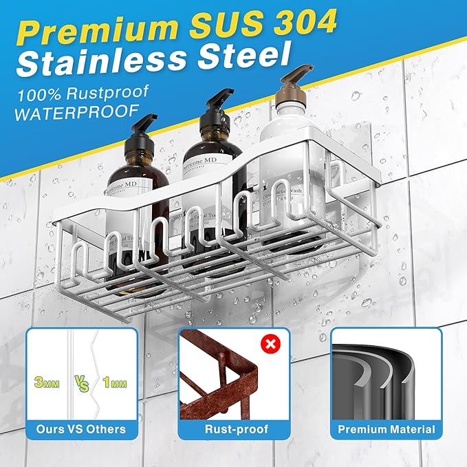 5-Pack Rustproof Stainless Steel Shower Caddy – No Drill Adhesive Bathroom Organizer with Large Capacity, Spacious Shower Shelves for Inside Shower, Kitchen & Home Decor Storage-XL Size