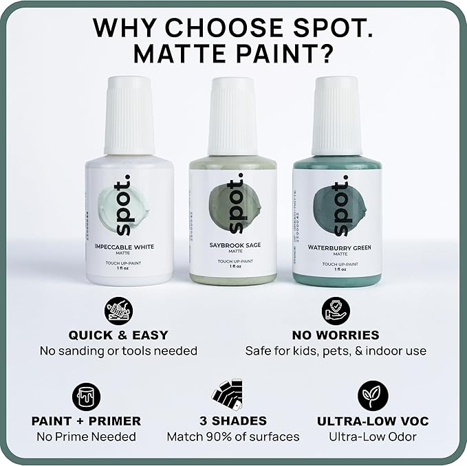 spot. Touch-Up Paint | Matte Finish for Cabinets, Walls, Doors & Furniture | Multi-Tone Green Repair Kit | Quick-Dry, Self-Priming, Low-Odor, Eco-Friendly | No-Sanding or Primer Needed | 3 Pack