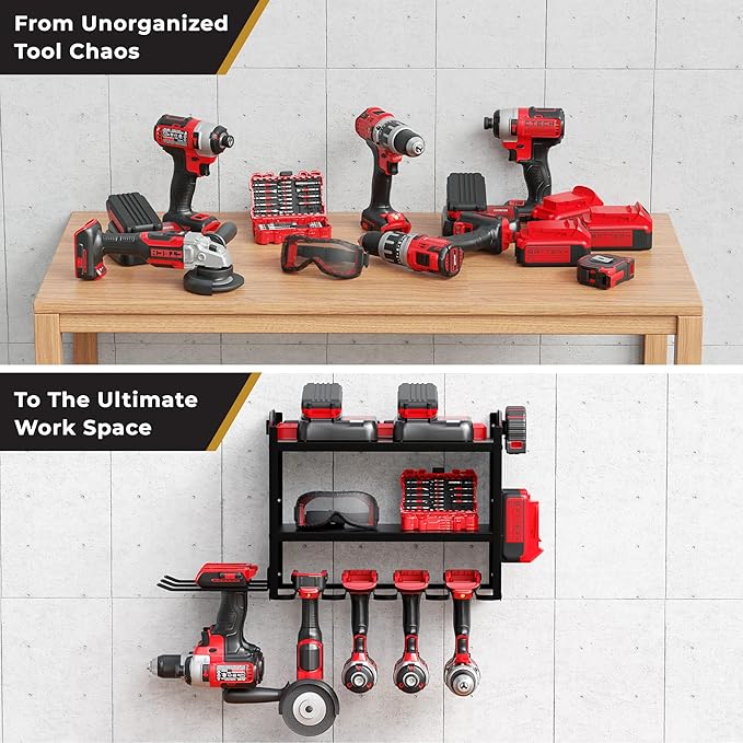 Power Tool Organizer-6 Drill Holder Wall Mount, 3 Tier Heavy-Duty Hand Tool Storage Rack, Utility Racks, Drill Holder, 2 Pegboard Sides - Garage Storage Cordless Tool Organizer (Black)