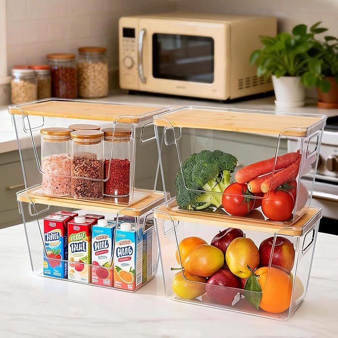 Criusia 4 Set Pantry Organizers and Storage with Bamboo Lids, Stackable Clear Bins for Onion, Potato, Fruit, Vegetables, Trash Bag Dispenser, Kitchen and Under Sink Organizer