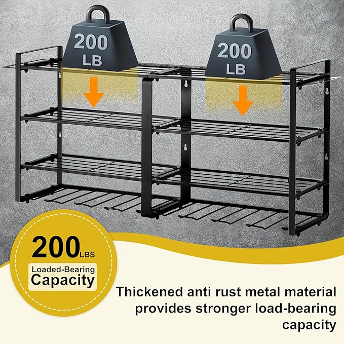 Metal Power Tool Organizer,Space-Saving Wall-Mounted Power Tool Rack,Holds 8 Drills + 4-Tier Storage,Durable Steel Construction for Garage, Workshop and Shed Organization