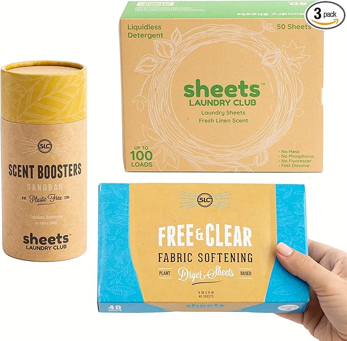Sheets Laundry Club Bundle - 50 Pack (up to 100 loads) Fresh Linen Detergent Sheets, 40 Pack Free & Clear Dryer Sheets & 8 Oz. Sandbar Scent Booster - New Liquidless Technology