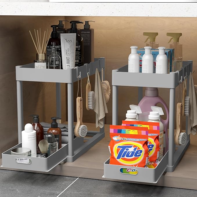 2PC Under Sink Organizer Rack 2 Tier Under Sliding Cabinet Basket Organizer Drawer with 4 Hooks, Multi-purpose Under Sink Storage for Bathroom Kitchen Desktop（Grey）