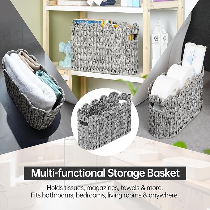 Grey Toilet Paper Storage Basket,Scalloped Baskets for Bathroom Organizers and Storage,Waterproof Plastic Wicker Basket for Bathroom,Laundry Room