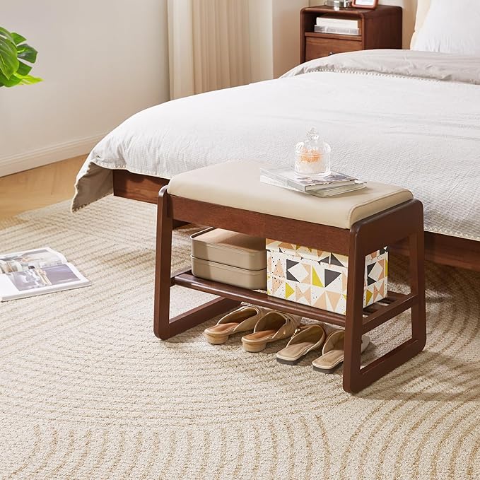 Solid Wood Shoe Bench with Cushion, 2 Tiers Wood Shoe Bench with Flip-Top Storage, 23.62in Shoe Rack for Entryway, Hallway, Walnut Color YD-WD060B
