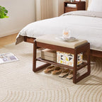 Solid Wood Shoe Bench with Cushion, 2 Tiers Wood Shoe Bench with Flip-Top Storage, 23.62in Shoe Rack for Entryway, Hallway, Walnut Color YD-WD060B