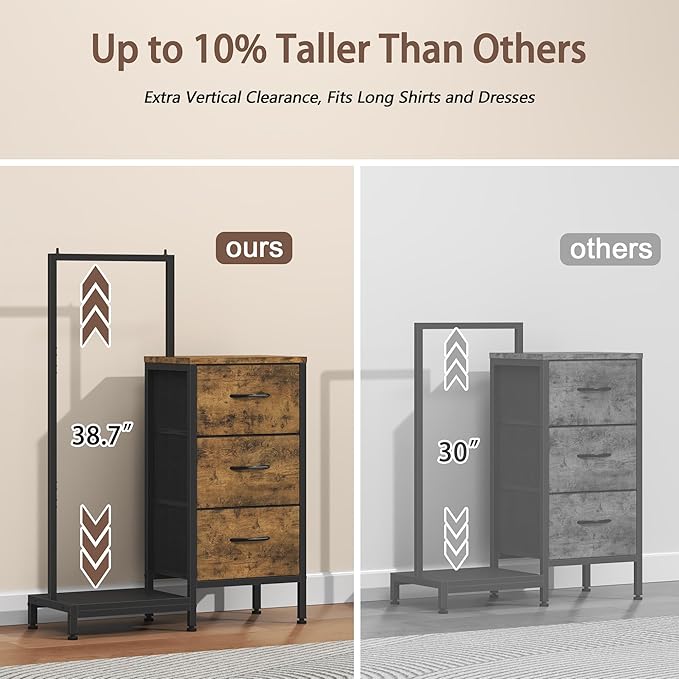 Dresser for Bedroom with Hanging Rack, 3 Drawers Dresser for Bedroom - Rustic Brown