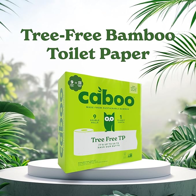 Caboo Tree Free Toilet Paper, Septic Safe Bath Tissue, Quick Dissolving 2 Ply Sheets - 300 Sheets Per Roll, 9 Double Rolls