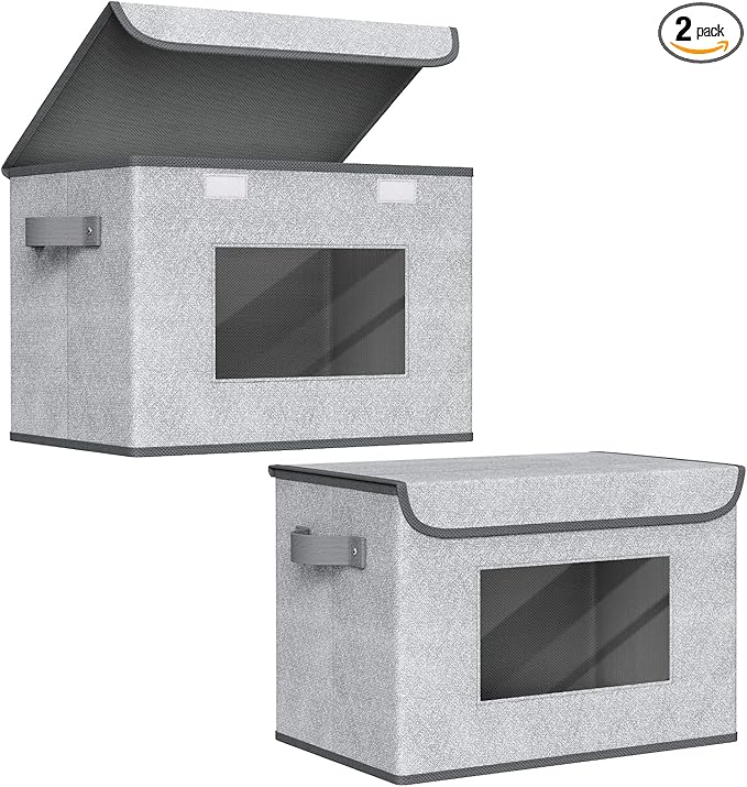 Univivi Larger Fabric Collapsible Storage Bins [2-Pack] Foldable Storage Boxes with Lids, Storage Cube Organizer Basket for Home, Closet, Bedroom (Gray, 17“ x 12” x 12")