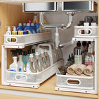 2 Pack 21.3IN-Depth Under Sink Organizer with Smooth Cylindrical Rail,2-Tier Pull Out Multi-Purpose Cabinet Storage for Bathroom&Kitchen,Height Adjustable,Rust-Resistant Coating-White