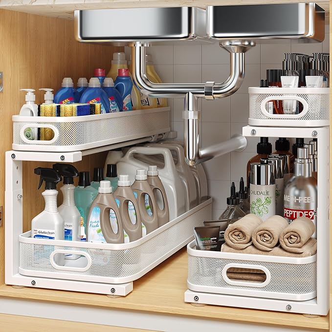 2 Pack 21.3IN-Depth Under Sink Organizer with Smooth Cylindrical Rail,2-Tier Pull Out Multi-Purpose Cabinet Storage for Bathroom&Kitchen,Height Adjustable,Rust-Resistant Coating-White