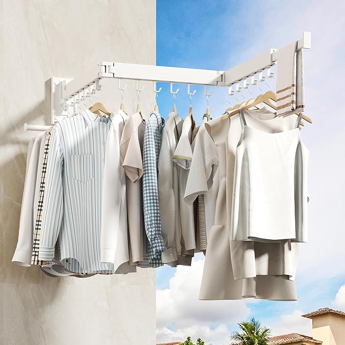 Wall Mounted Clothes Hanger,Clothes Drying Rack,Laundry Drying Rack,Clothes Rack Wall Mount,Drying Rack Clothing,Retractable,Collapsible,can Fold Upward & Left & Right (Upgrade-White)