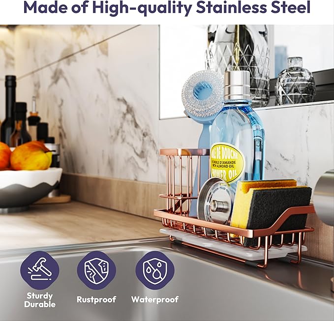 SWTYMIKI Sink Caddy Kitchen Sink Organizer with Detachable Brush Holder, Stainless Steel Sponge Holder with Removable Drip Tray Sponge Caddy for Kitchen Countertop, Rose Gold