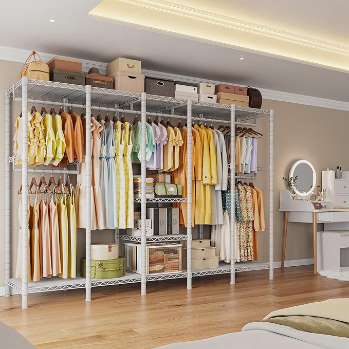 Raybee 88.2" W Clothes Rack Heavy Duty Clothing Racks for Hanging Clothes Extra Wide Portable Closet Loads 1200LBS Freestanding Garment Rack for Bedroom 88.2" W x 75.6" H x 15.7" D, White