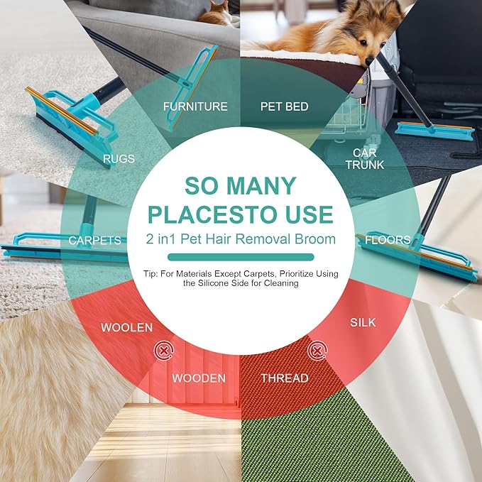 Carpet Rake for Pet Hair Removal Tool, Reusable Pet Hair Remover Broom with 56” Long Handle, Cat & Dog Hair Carpet Scraper for Rugs Mats Couch